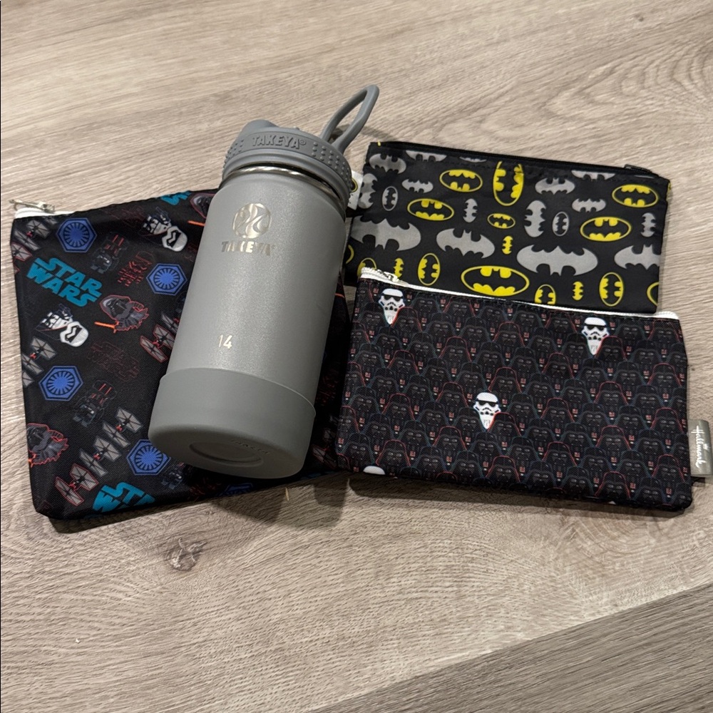 Takeya Gray Bottle with Star Wars and Batman reusable snack pouches